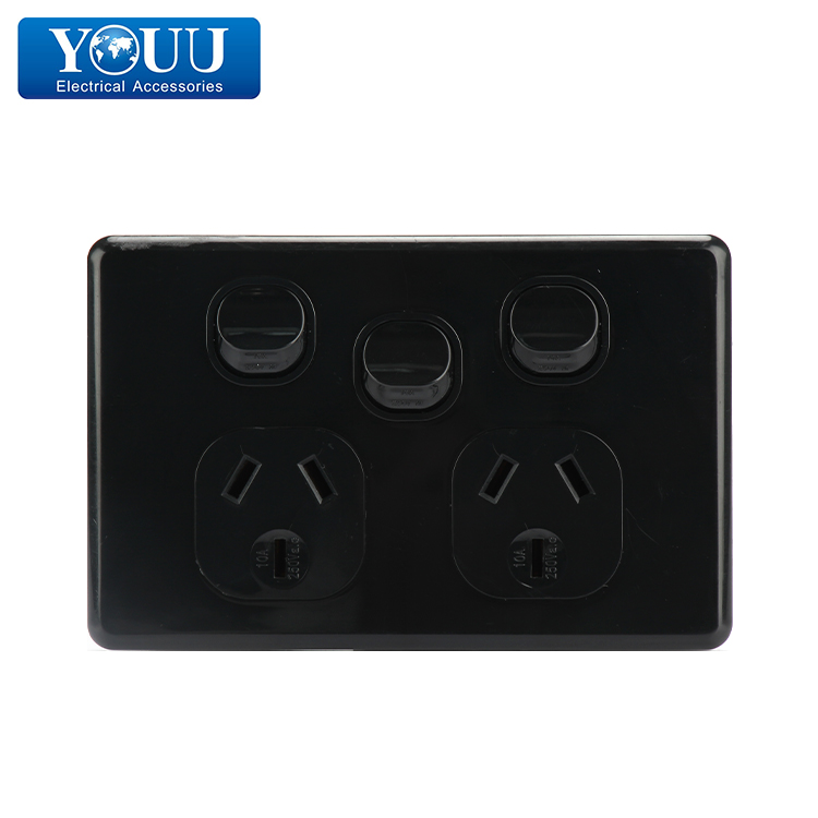 Double Power Point with Extra Switch Horizontal Black 250V 10
